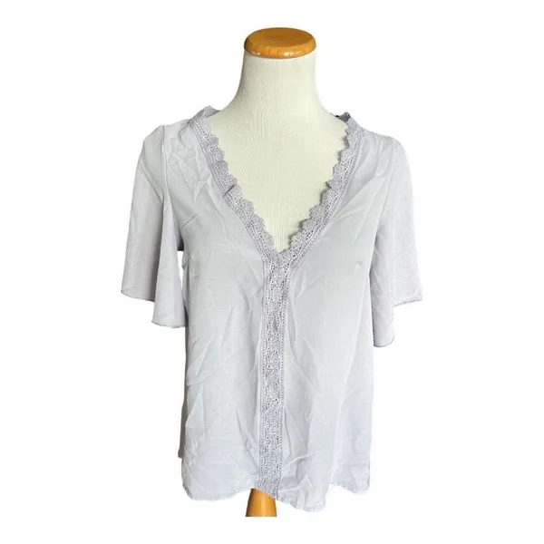 Womens Shein Muted Lilac Lace Contrast Puff Sleeve Blouse Top - Sz S - Image 3