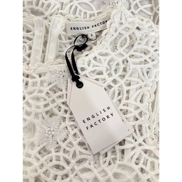 NEW English Factory Mini Dress White Chanall Floral Crochet Overlay A Line Small - Image 10