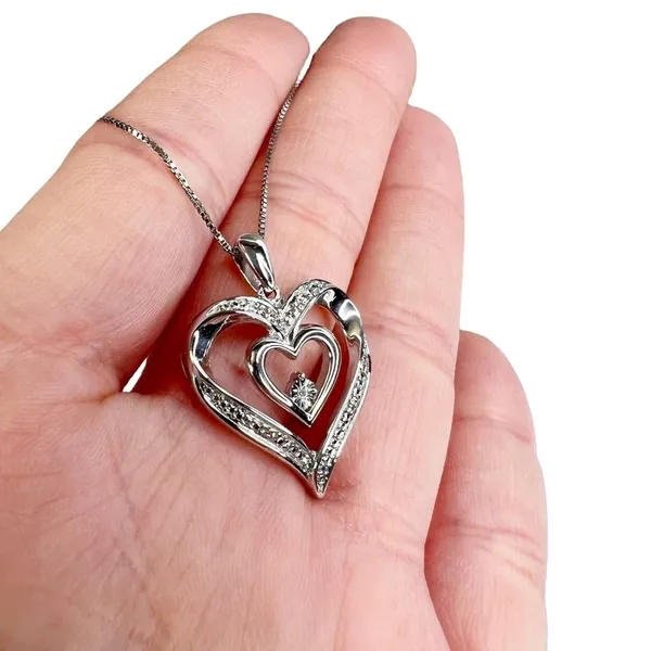 Diamond Double Heart Sterling Silver Box Chain Pendant Necklace - Image 5