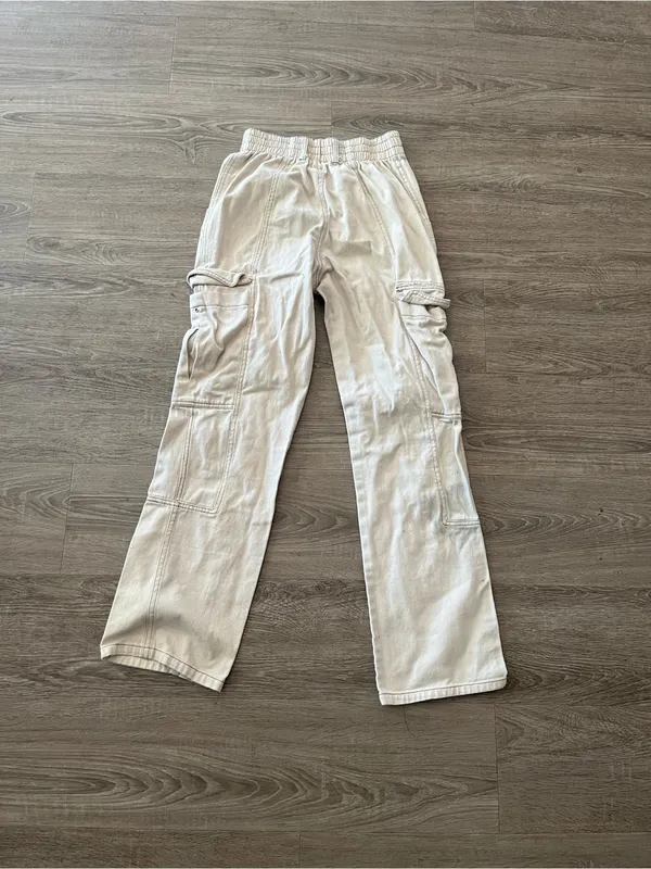 RSQ Wide Leg Baggy Pants Womens Medium Ecru Cargo Elastic Waist Cotton Utility - Image 8