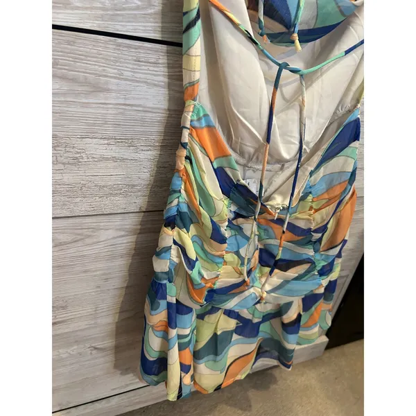 Sky to Moon Retro Swirl Print Ruched Mini Dress Blue Orange Cowl Neck Large - Image 5