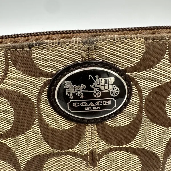 Coach Signature Jacquard Wristlet Khaki Brown Canvas Leather Trim Logo Plaque - Image 2