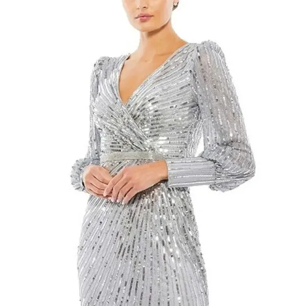 Mac Duggal Sequined Wrap Over Bishop Sleeve‎ Gown 4 Silver Formal Gala Wedding - Image 3