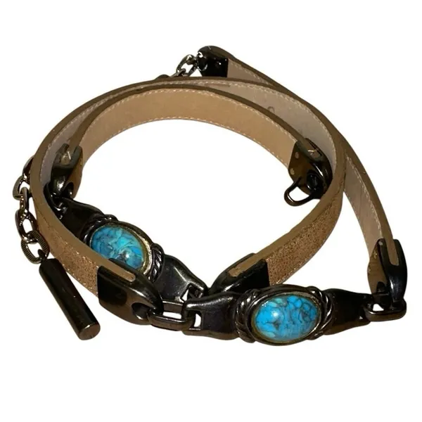 Elite Tan Faux Leather Skinny Chain Belt Turquoise Stone Western Boho Small‎ - Image 7