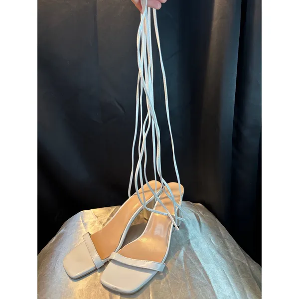 White Lace Up Block Heel Sandals Square Toe Strappy Wrap Around Size 41 Womens - Image 2