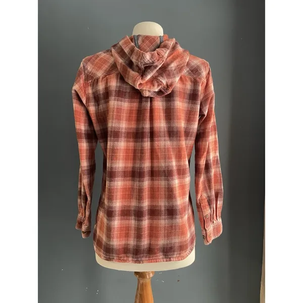 Carhartt Womens Plaid Hooded‎ Flannel Shirt Orange Burgundy Size M 8 10 - Image 2