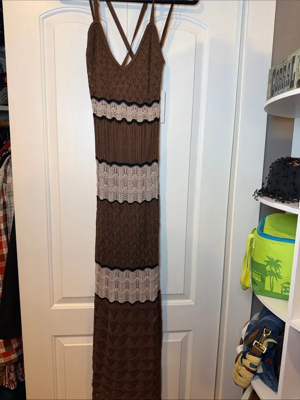 Torn by Ronny Kobo Brown Crochet‎ Maxi Dress with Cream Panels M NWT - Image 2