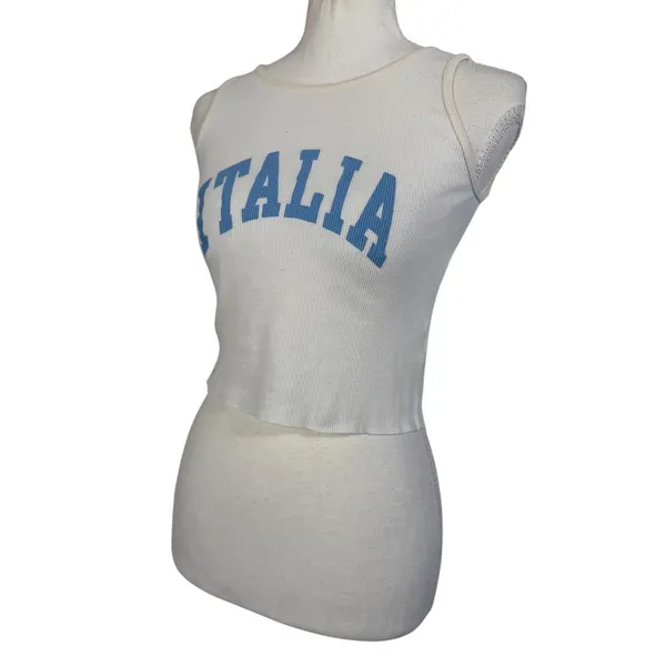 Italia Ribbed Crop Tank Top Womens One Size Cream Blue Graphic Made in Italy Y2K - Image 8