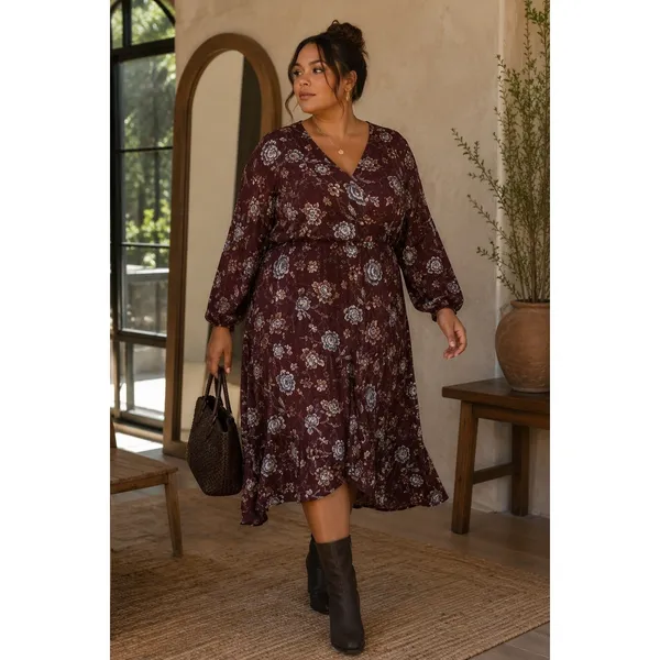 Rachel Rachel Roy Floral Metallic‎ Pleated Caron Wrap Midi Dress 24W Burgundy - Image 16