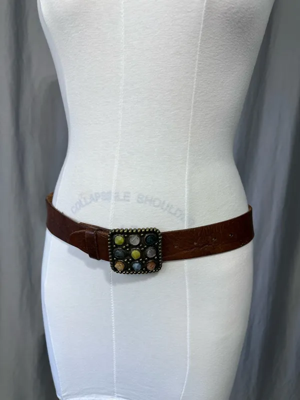 Vintage Lucky Brand Y2K Brown Studded Leather Crystal Buckle Belt Wide Western - Image 11