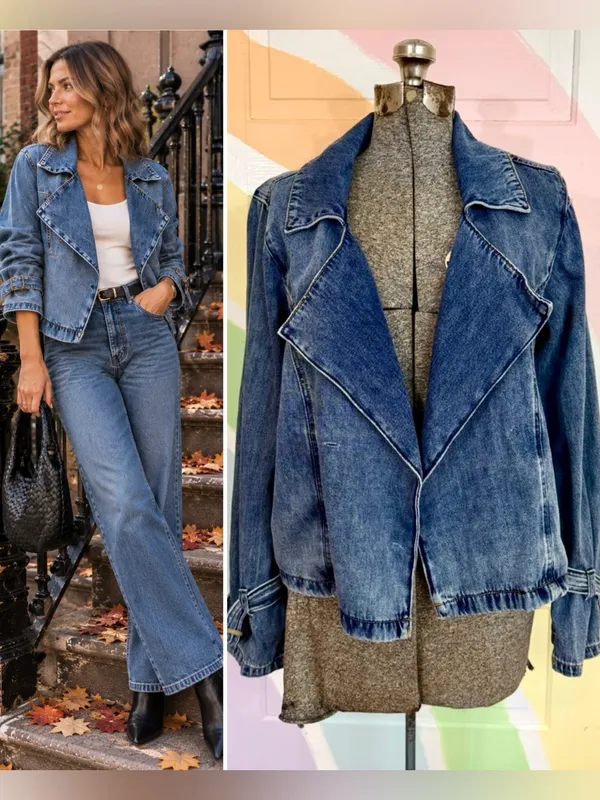 Habitual Wide Draped Lapel Denim Jacket Buckle Cuffs Medium Wash Sz M 💛🍄 - Image 2