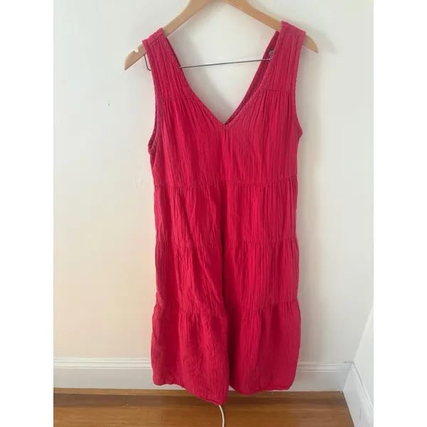 Quince Organic Cotton Gauze Tiered Maxi Dress Hot Pink V-Neck Sleeveless M - Image 2