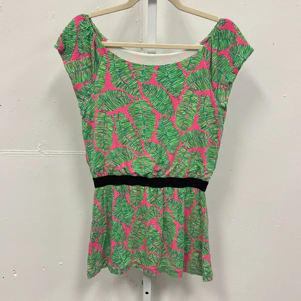 Lilly Pulitzer Pink‎ Green Palm Leaf Print Tunic Top Small Tropical Boat Neck - Image 2