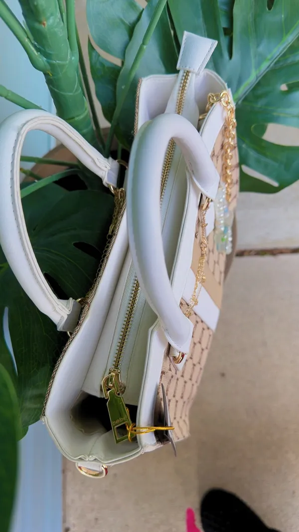 Bebe Monogram Tote Bag White Faux Leather Trim Satchel - Image 6