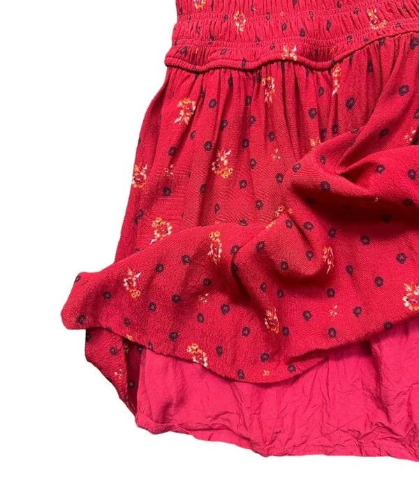 Free People Red Two Faces Printed Floral Boho Mini Dress Smocked Balloon Sleeve - Image 4