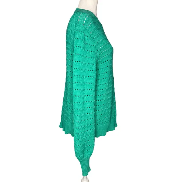 J.Crew Teal Open Knit Cotton Blend Sweater Large Pullover Crewneck Green - Image 3