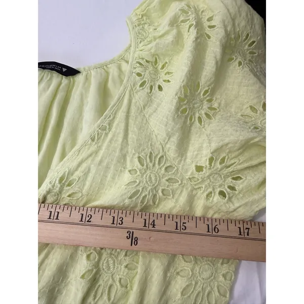 Zara Women’s XS Lime Green Eyelet Mini Wrap Dress Puff Sleeve Lined Cotton - Image 10