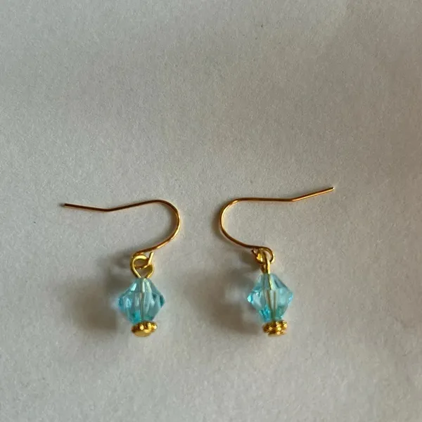 3/$20 Light Blue Crystal Ornate Gold Plated Dangling Drop Earrings - Image 2
