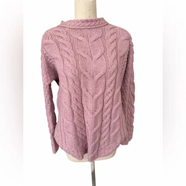Aran Chunky cable knit Irish wool crew‎ neck size medium Pink - Image 2