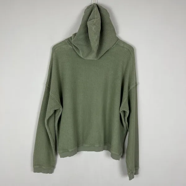 Aerie Hoodie Sweatshirt Womens Large Green Ribbed Cropped Corded 100% Cotton L‎ - Image 8