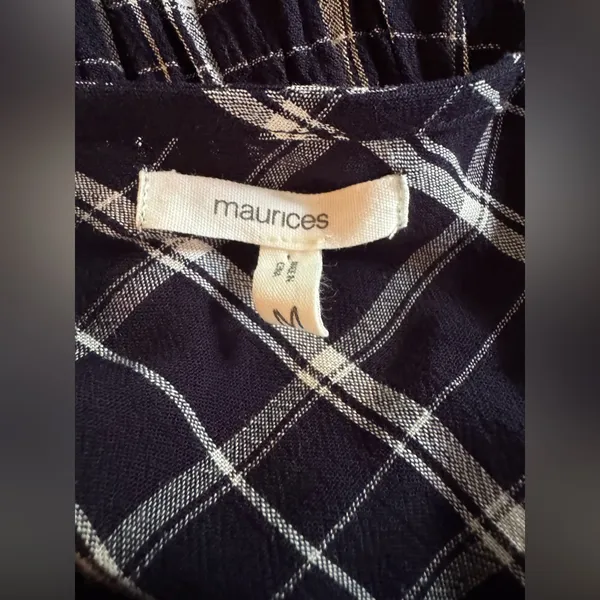 Maurices Navy Checkered Blouse with Flared Sleeves medium - Image 7