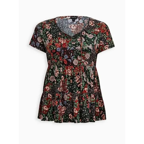 Torrid Black Floral Textured Stretch Rayon Babydoll Top Size‎ 0 L 12 NEW - Image 4