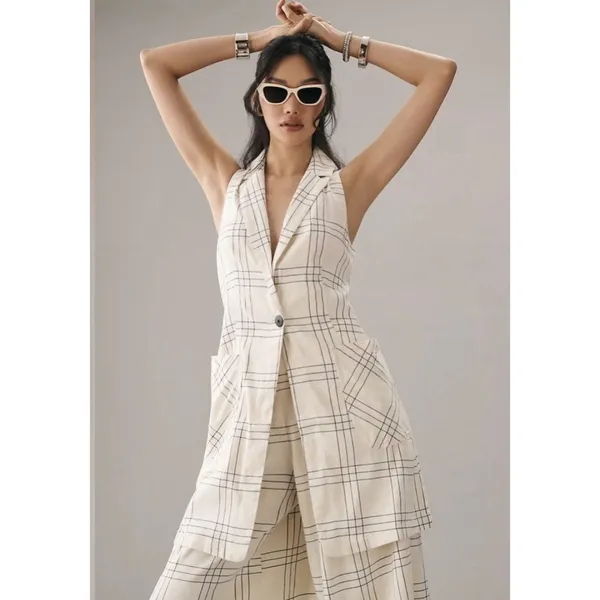 Maeve Anthropologie Long Linen Plaid Duster Vest Ivory Windowpane Academia‎ Sz 4 - Image 2