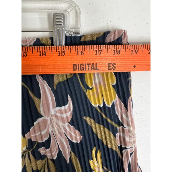 LOFT Pleated Maxi‎ Skirt XL Dusty Blue Yellow Floral Elastic Waist Accordion - Image 7