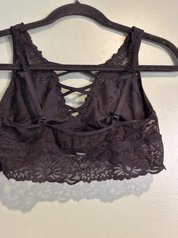 PINK Victoria's Secret Bralette Women M Black Lace Strappy Criss Cross Wireless - Image 3