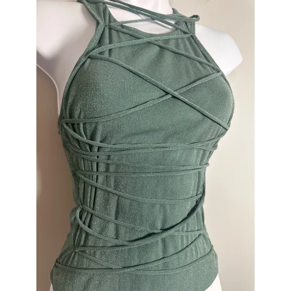 White Fox Without A Trace Top Sage Green‎ Metallic Strappy Halter Y2K Size M - Image 3