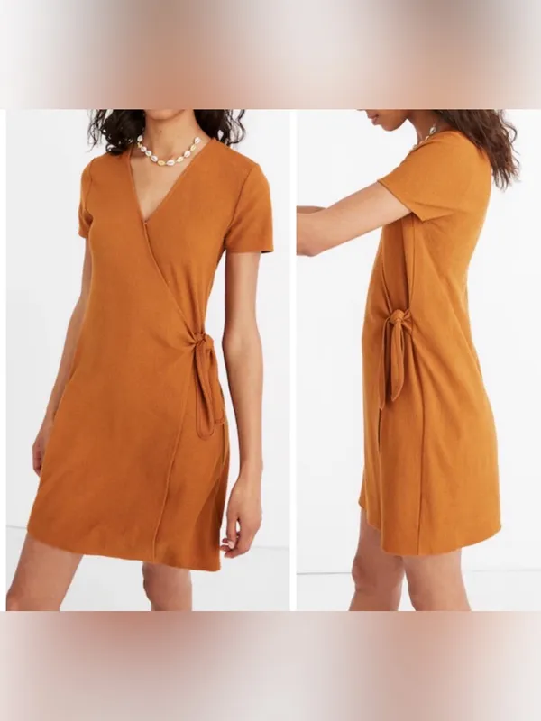 Madewell Texture & Thread Short-Sleeve Side-Tie Faux-Wrap Short Sleeve Dress Med - Image 2