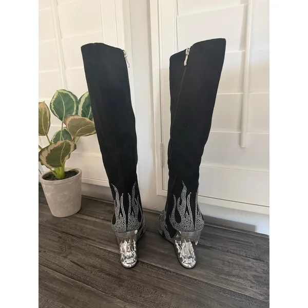 Others Follow Women Size 8 Wedge Heel Flame Rhinestone Point Toe Knee High Boot Fashion Trendy - Image 6