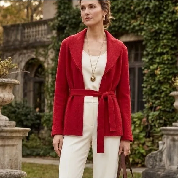CAbi Red 100% Merino Wool Belted Wrap Cardigan Jacket Sweater Belt M Style 167 - Image 2