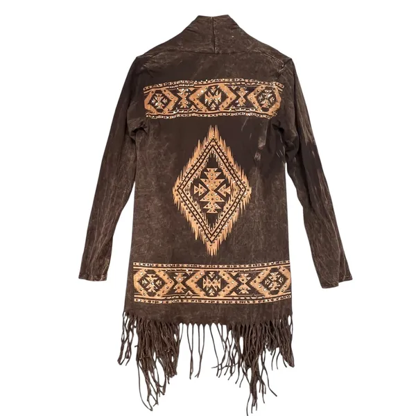 Vocal Women's Brown Aztec‎ Tribal Print Fringe Open Front Cowgirl Cardigan Small - Image 3