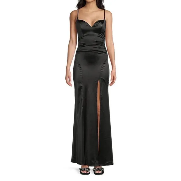Honey and Rosie Navy Blue Satin Sweetheart Neck Side Slit Maxi Formal Gown Small - Image 8