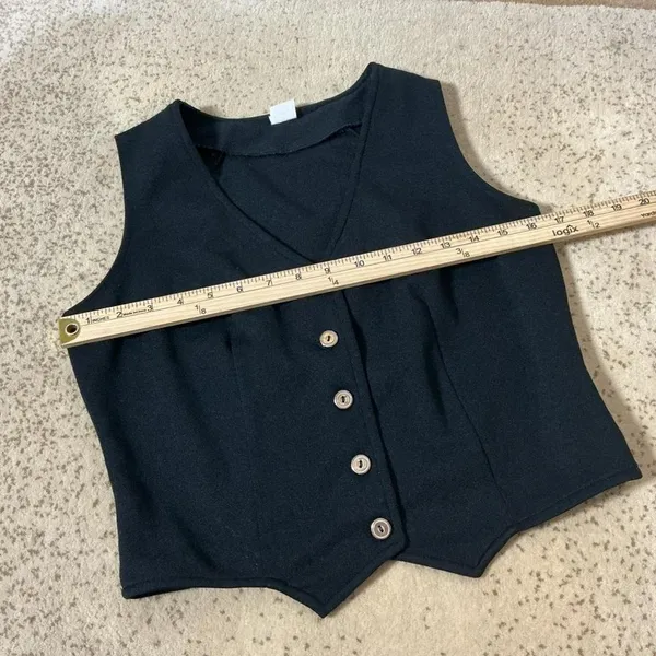 VTG Black Button Front Vest V-Neck Pointed Hem Dark‎ Academia Waistcoat 12 21717 - Image 3