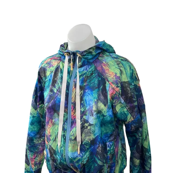 Asics Studio Womens Multicolor Abstract Hoodie Anorak Windbreaker Coat Jacket XS - Image 2