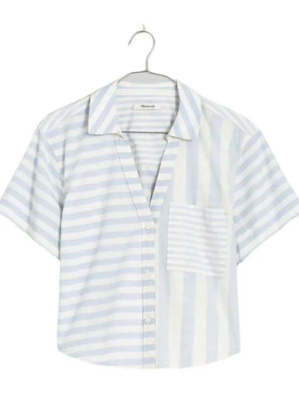 Madewell Cropped Y-Neck Button Up Shirt in Weathered Blue Mixed Stripe Size XS - Image 2
