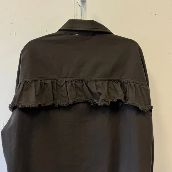 Ee:some Brown Ruffle Raw Hem Denim Jacket Women's Large Grunge Distressed Twill - Image 5