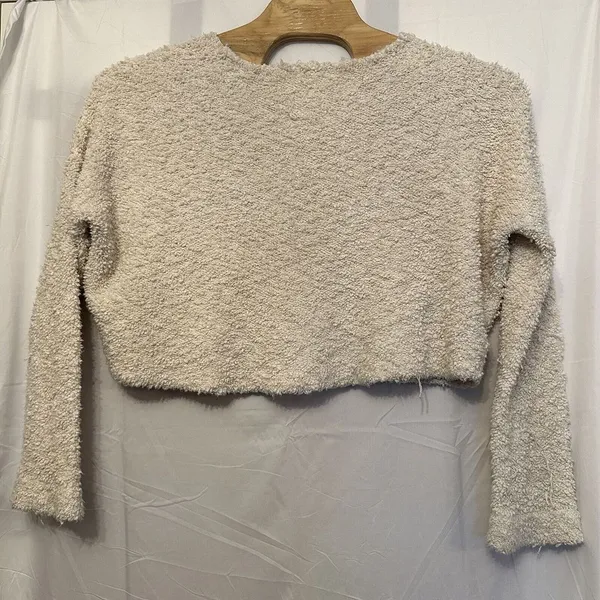 Free People‎ Size Large Beige Ivory Oversized Boucle Sweater V Neck Long Sleeve - Image 4
