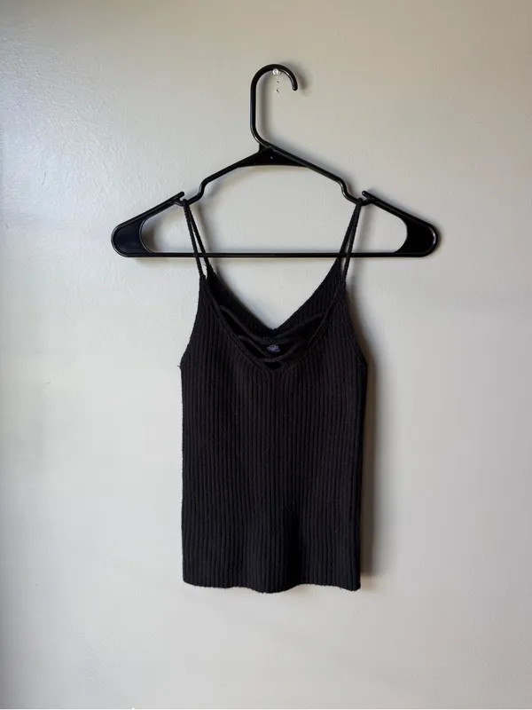 American Eagle Black Ribbed Strappy V-Neck Tank Top Size Small - Image 2
