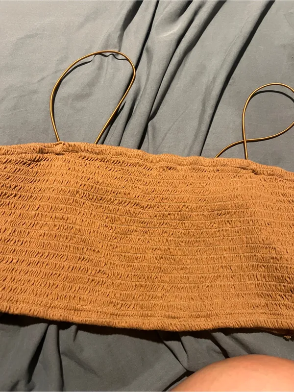 Anthropologie Maeve Smocked Spaghetti Strap Crop Top in Camel - Image 3