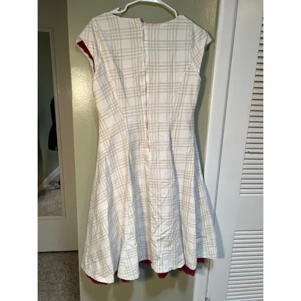 Women's Midi A-Line Dress White Beige Plaid Red Lined Split Neck Cap Sleeve Zip - Image 7