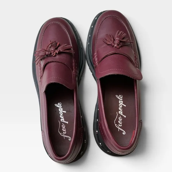 Free People Women Burgundy Leather Studded Tassel Platform Lug Sole Loafers 10 - Image 8