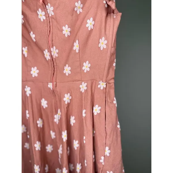 Unique Vintage Daisy Dress Coral Pink Floral Print A-Line Sweetheart Tie Straps - Image 5