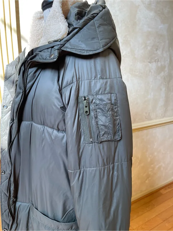 Mango Basics Long Hooded Puffer Coat Olive Green Sherpa Lined Quilted Jacket M - Image 4