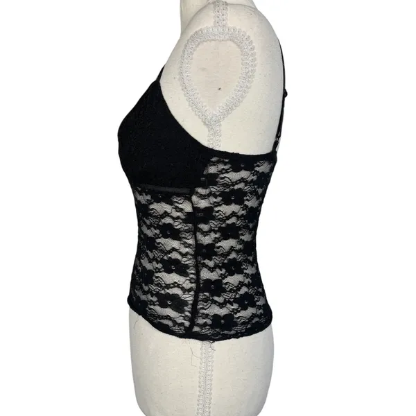 Black Lace Cami Womens XS Floral Sheer Mesh Bow V-Neck Adjustable Y2K Goth Top - Image 5