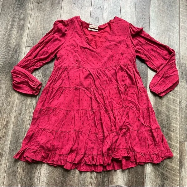 Urban Outfitters Red Wine Long Sleeve Tiered Textured Babydoll Dress Size Medium - Image 6