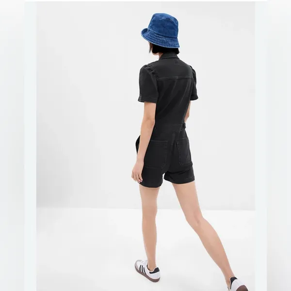 GAP Charcoal Black Denim Romper Puff Sleeves | Women’s Size 8 - Image 2