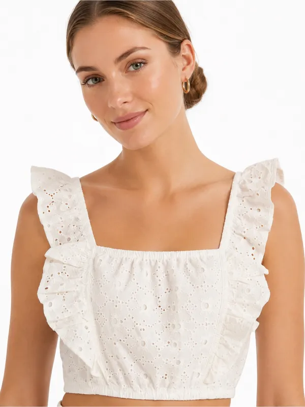 Avec Les Filles White Eyelet Ruffle Crop Top Square Neck Size Small - Image 3